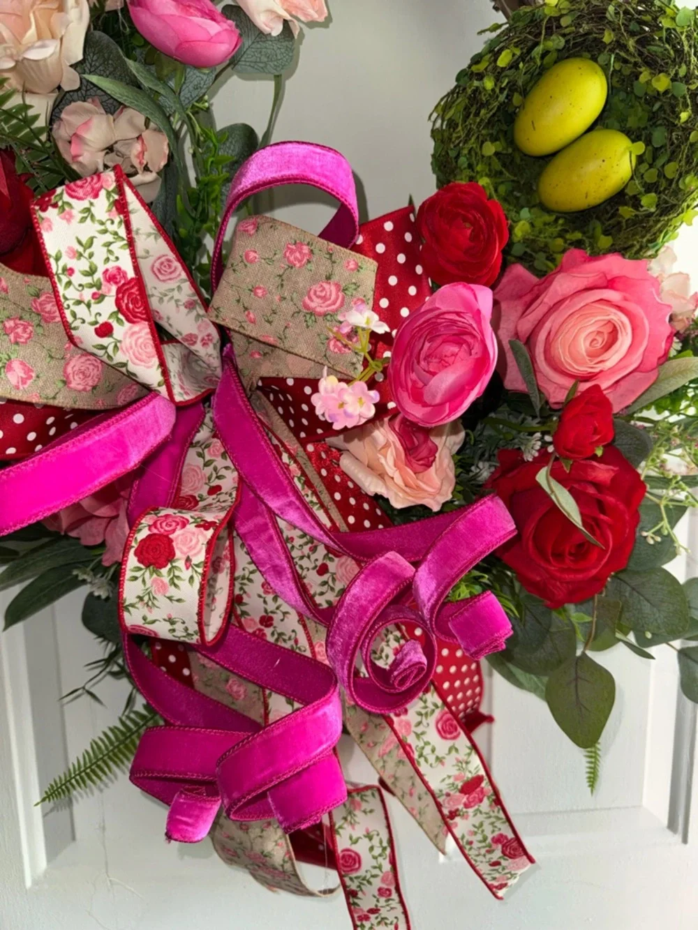 Pink & Red Floral Holiday Wreath with Ribbon Bow
